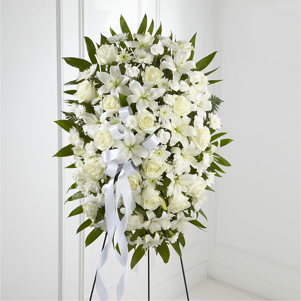 Exquisite Tribute Standing Spray-White Ribbon – Acme, Malvern PA